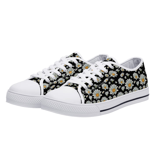 Large Watercolor Summer Daisies Blooming Against a Bold Black Background Canvas Sneakers