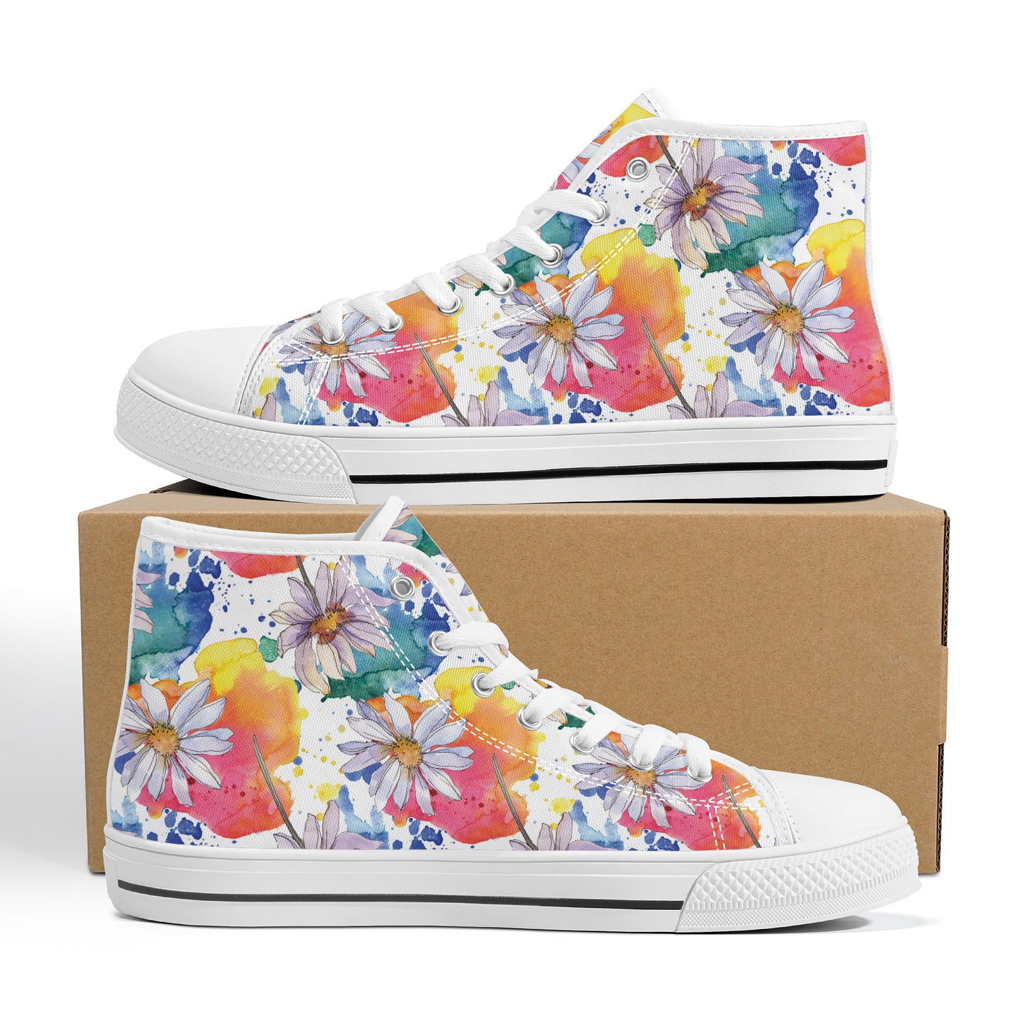 Lively Blooms of Vibrant Daisies Painted in Watercolor Converse Style High Tops