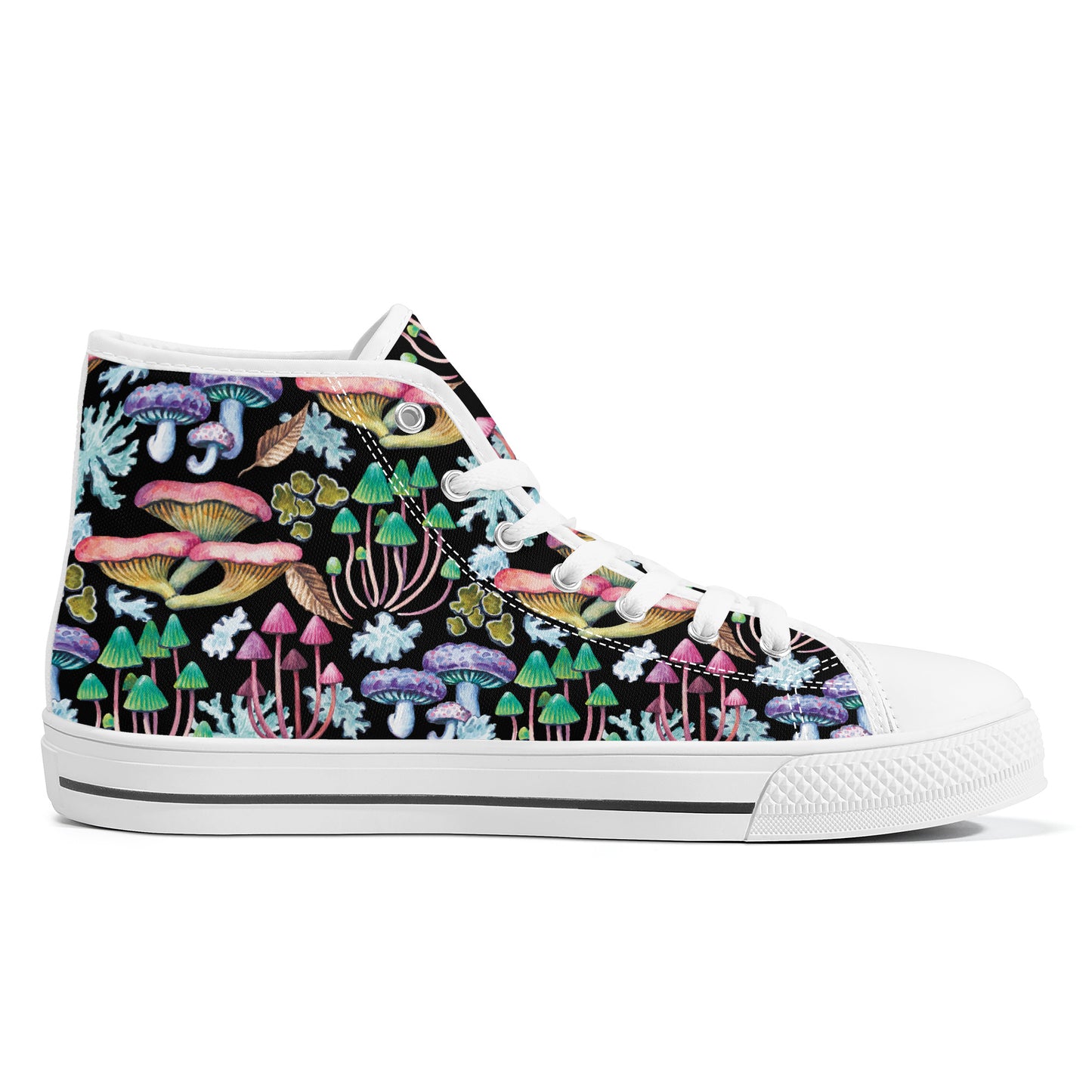 Psychedelic Mushroom Garden on Black Background Converse Style High Tops