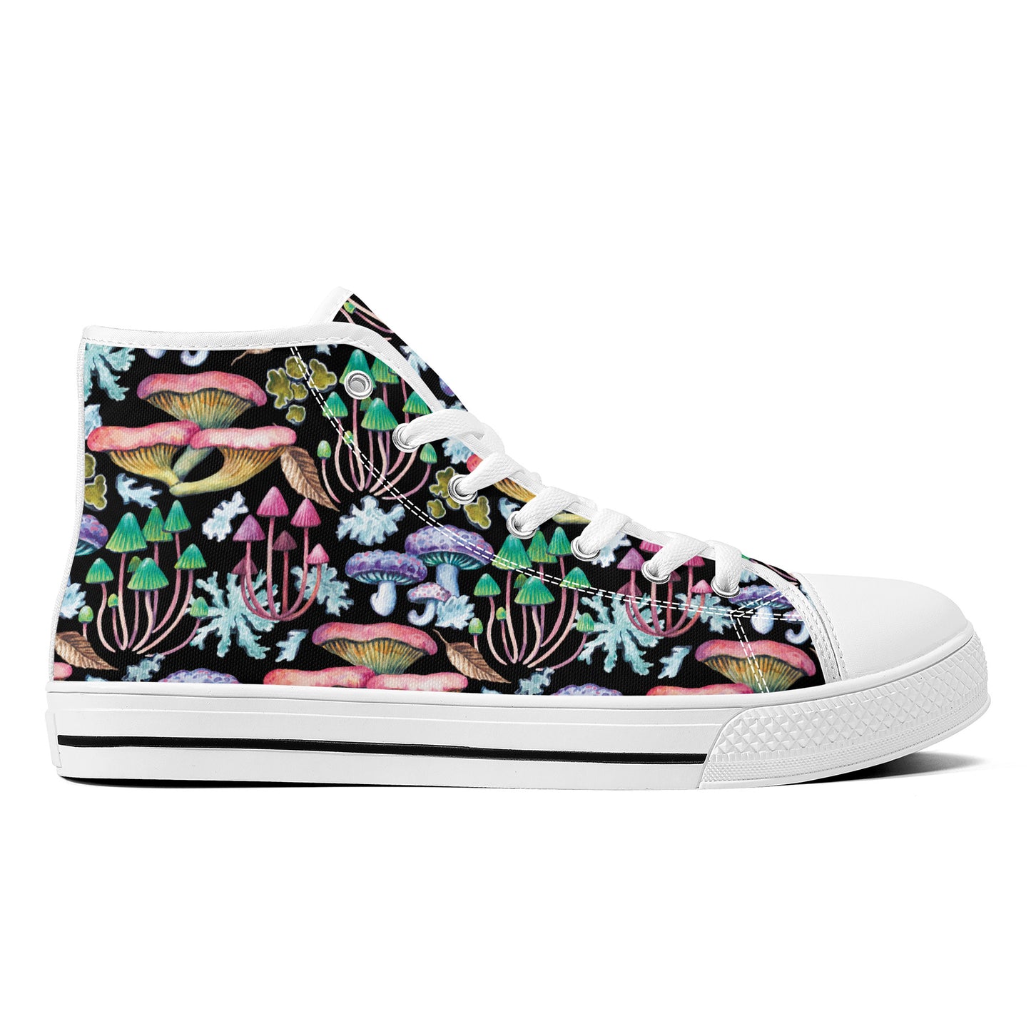 Psychedelic Mushroom Garden on Black Background Converse Style High Tops