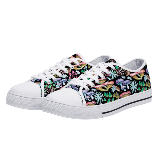 Psychedelic Mushroom Garden on Black Canvas Sneakers