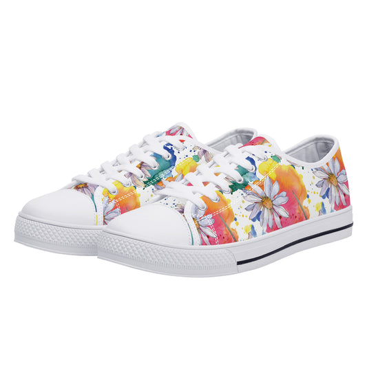 Lively Blooms of Vibrant Daisies Painted in Watercolor Canvas Sneakers