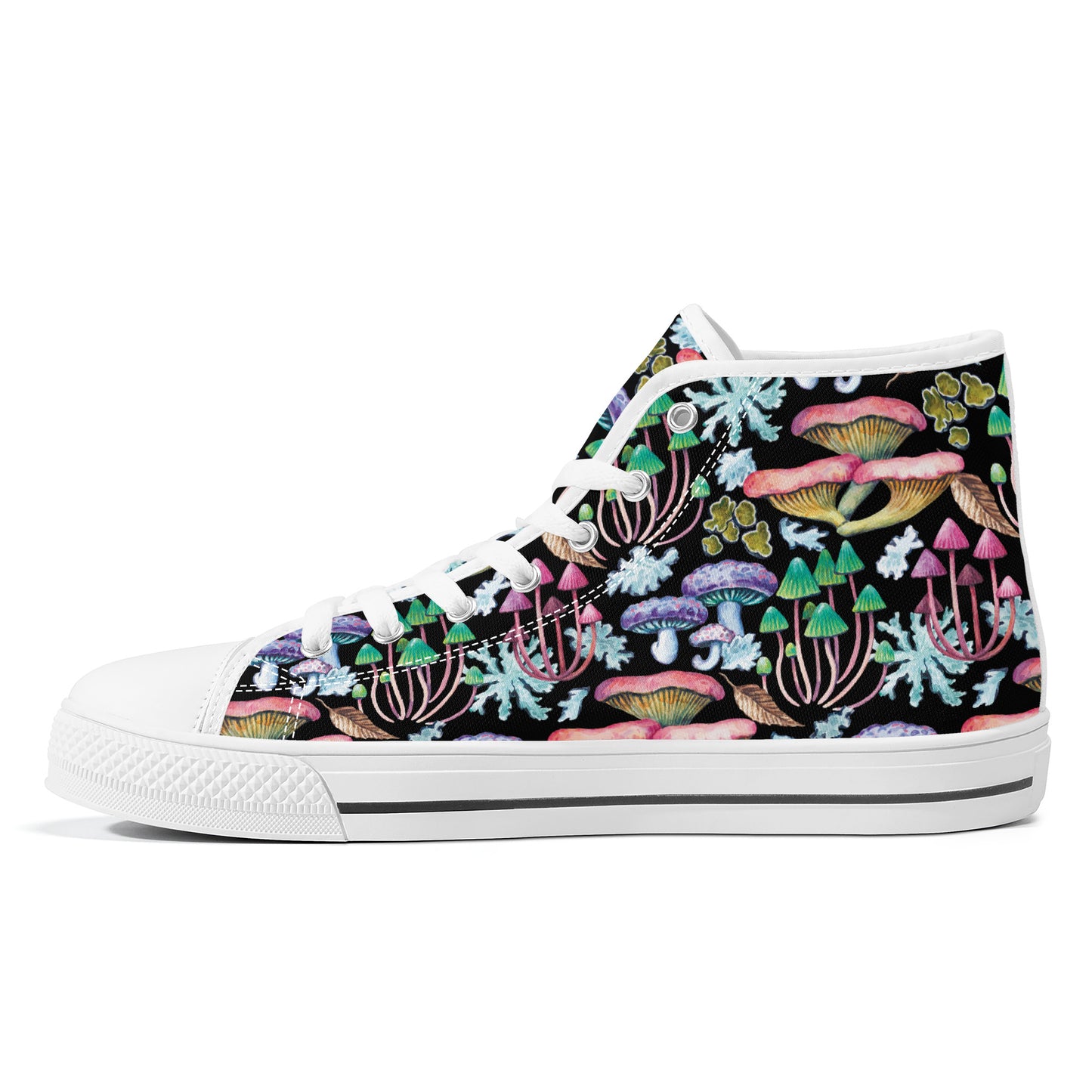 Psychedelic Mushroom Garden on Black Background Converse Style High Tops