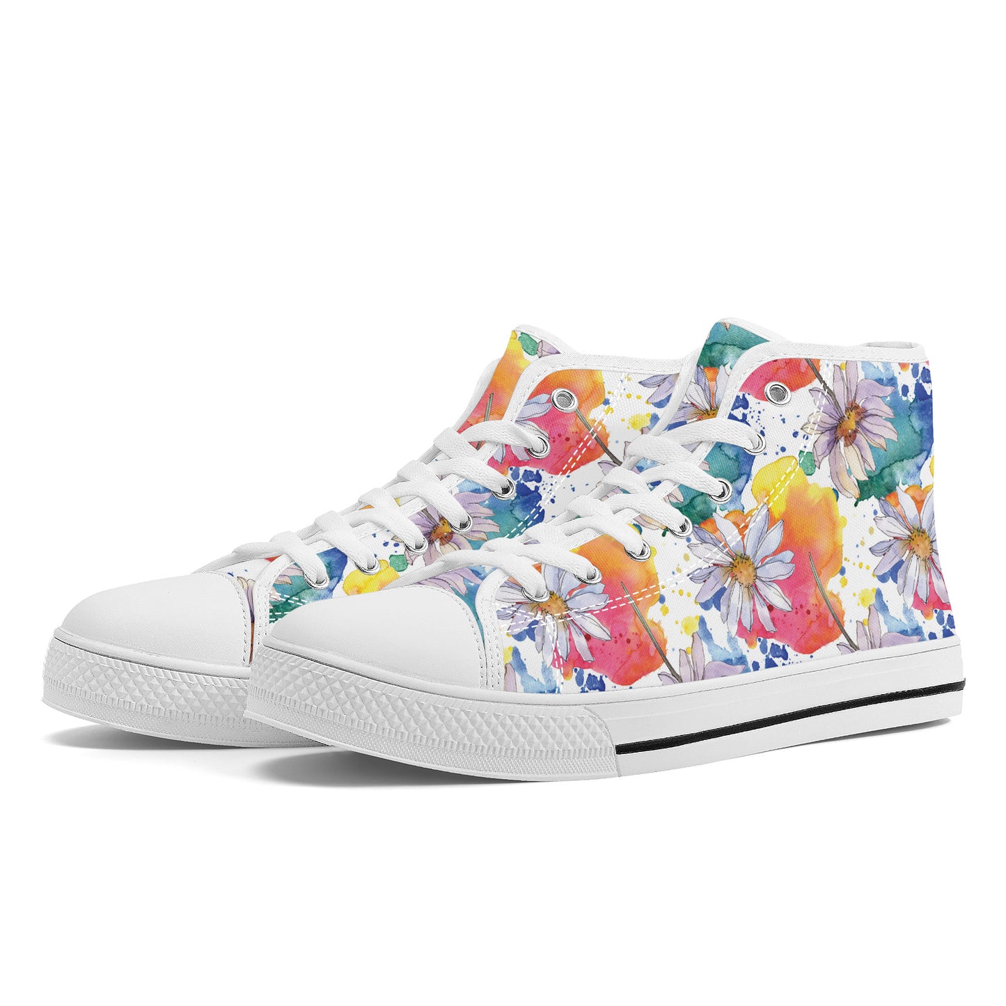 Lively Blooms of Vibrant Daisies Painted in Watercolor Converse Style High Tops