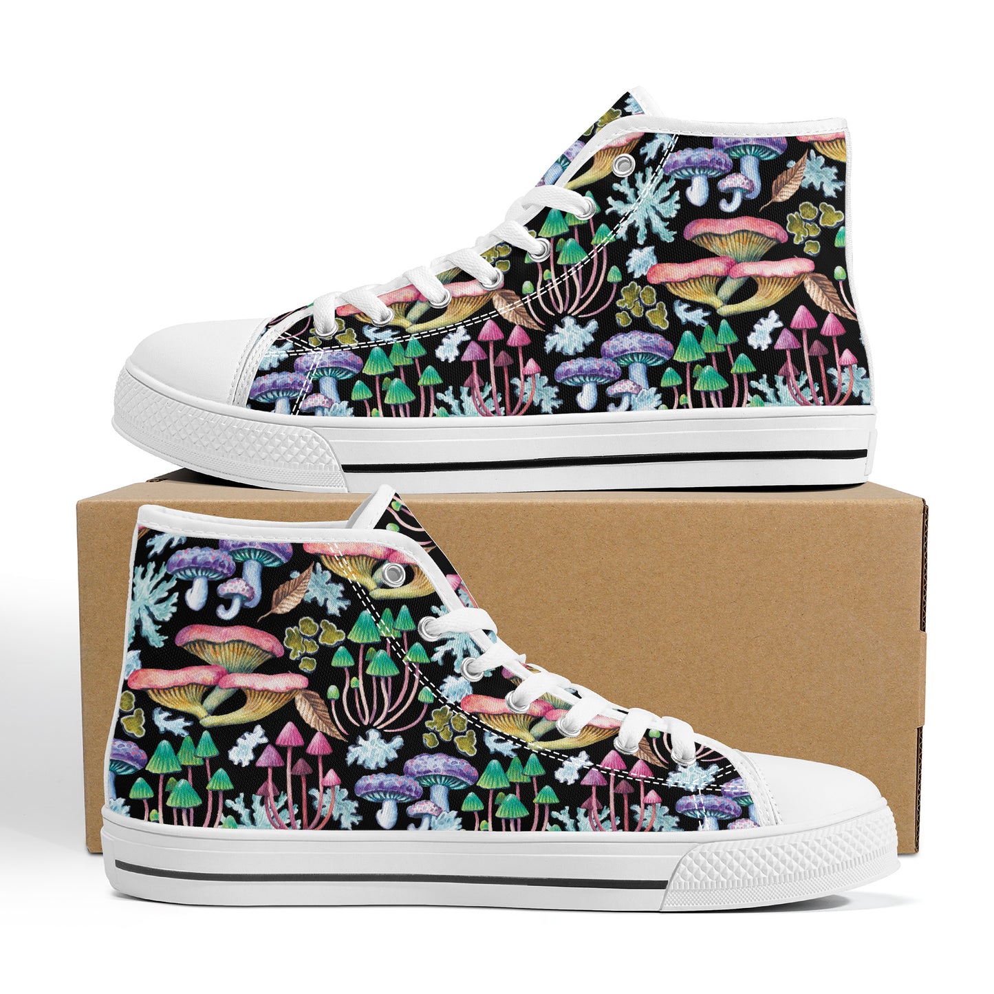 Psychedelic Mushroom Garden on Black Background Converse Style High Tops