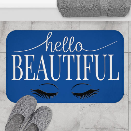 Hello Beautiful, White on Blue With Lashes Inspirational Affirmations  - Bathroom Non-Slip Mat 2 Sizes