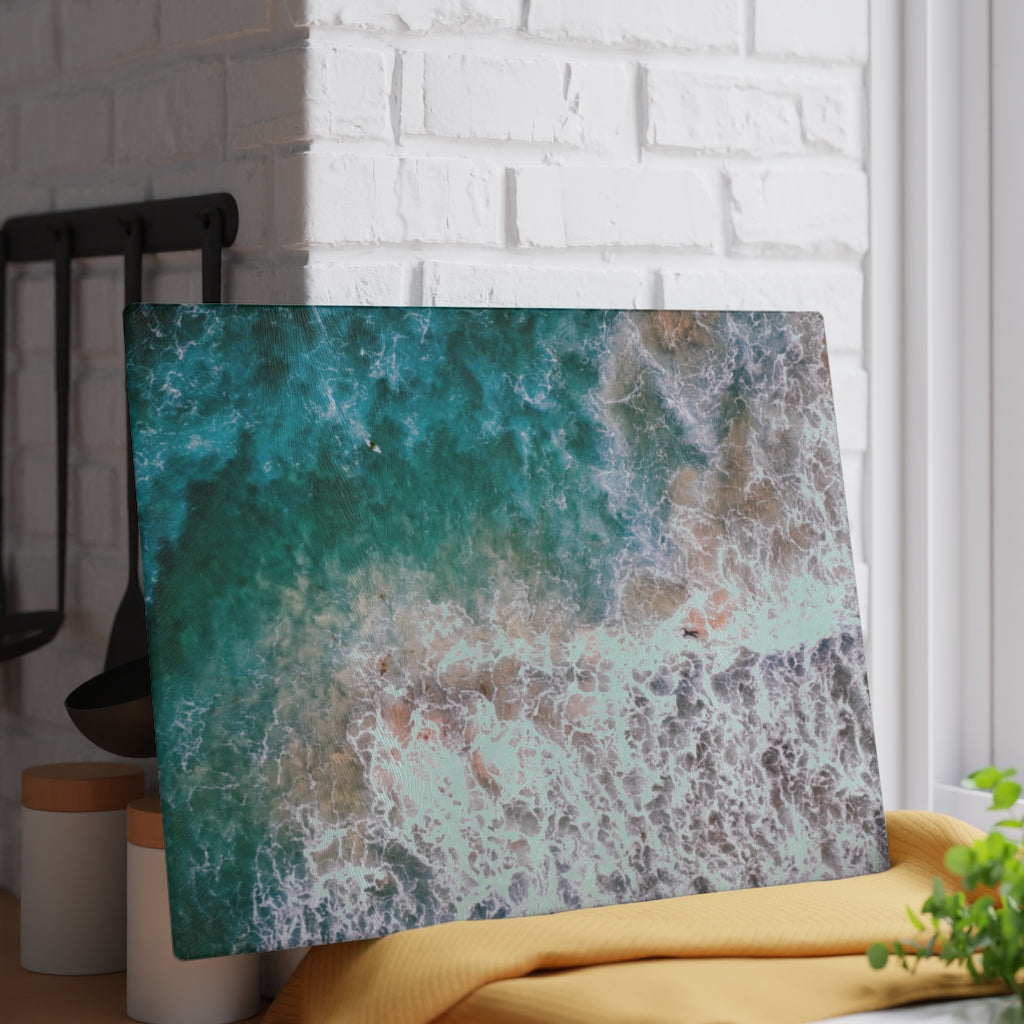 Ocean's Embrace: Deep Green Waters with White Waves Crashing onto the Beach - Glass Cutting Board  8" x 11" and 11" x 15"