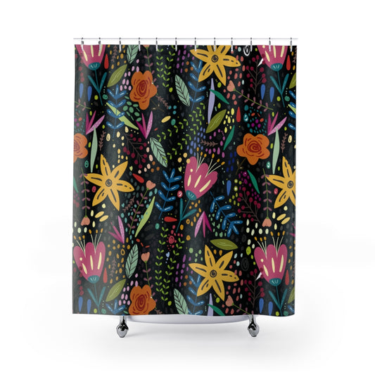 Springtime Splendor: Hand-Drawn Flowers Bursting with Vibrant Colors Design on Black Bathroom Shower Curtain   71" × 74"