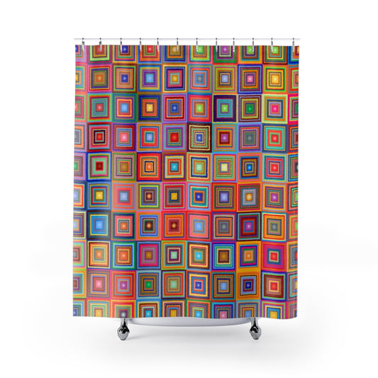 Rainbow Colored Square Design Bathroom Shower Curtain   71" × 74"