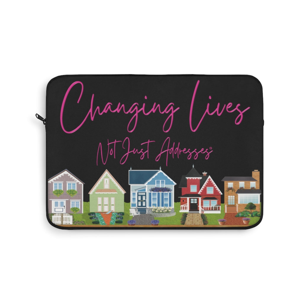 Changing Lives Not Just Addresses™ Pink on Black Laptop or Ipad Protective Sleeve Three Sizes Available