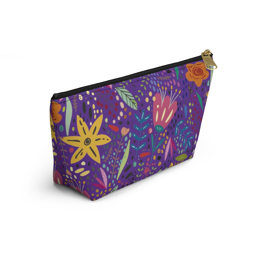 Springtime Splendor: Hand-Drawn Flowers Bursting with Vibrant Colors Design on Purple  - Makeup & Accessory Bag 2 Sizes