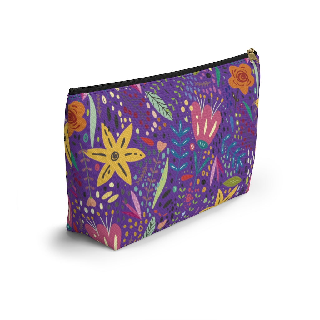 Springtime Splendor: Hand-Drawn Flowers Bursting with Vibrant Colors Design on Purple  - Makeup & Accessory Bag 2 Sizes