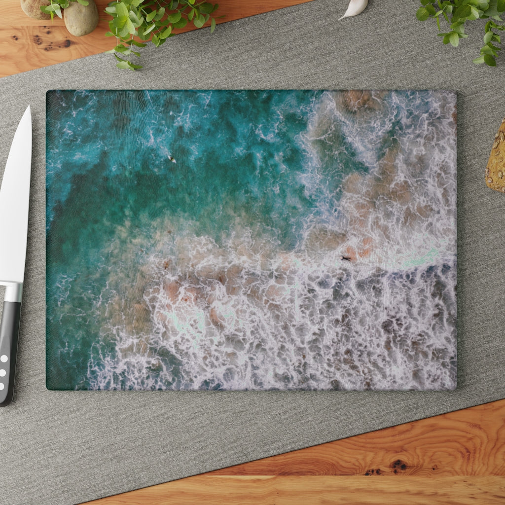 Ocean's Embrace: Deep Green Waters with White Waves Crashing onto the Beach - Glass Cutting Board  8" x 11" and 11" x 15"