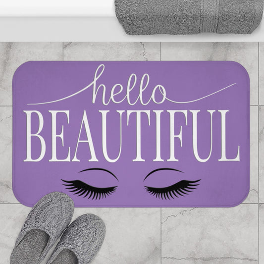 Hello Beautiful, White on Purple With Lashes Inspirational Affirmations  - Bathroom Non-Slip Mat 2 Sizes