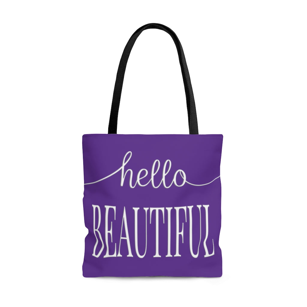 Hello Beautiful in White & Dark Purple  - Canvas Tote 3 Sizes