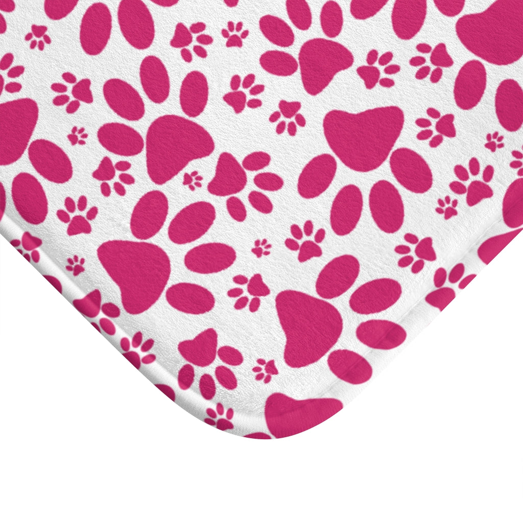 All Over Paw Prints Pink on White  - Bathroom Non-Slip Mat 2 Sizes