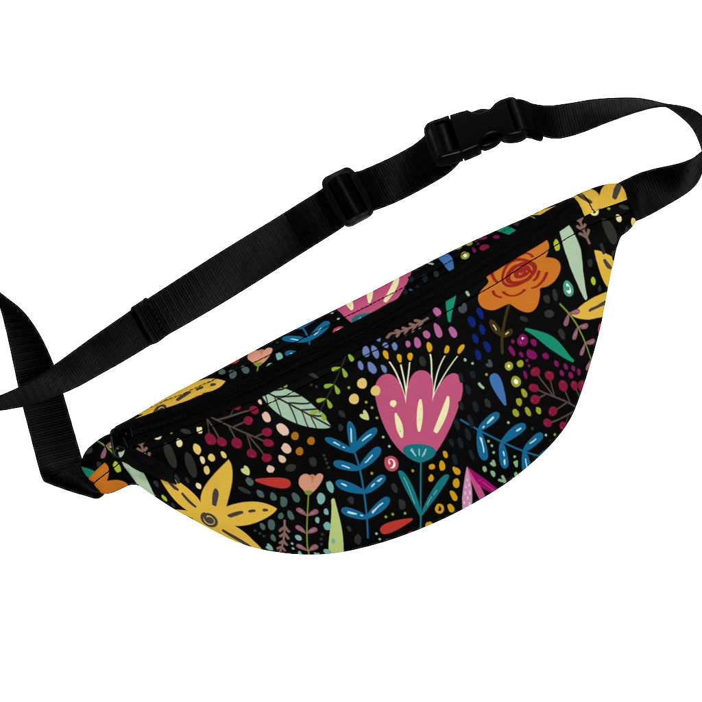 Springtime Splendor: Hand-Drawn Flowers Bursting with Vibrant Colors Design on Black Lifestyle Stylish Fanny Pack