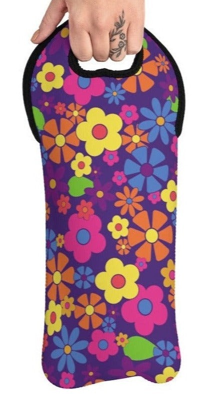 Flower Power on Purple Background Wine Tote Bag Reusable Eco Friendly