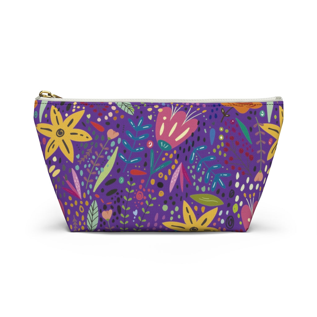 Springtime Splendor: Hand-Drawn Flowers Bursting with Vibrant Colors Design on Purple  - Makeup & Accessory Bag 2 Sizes