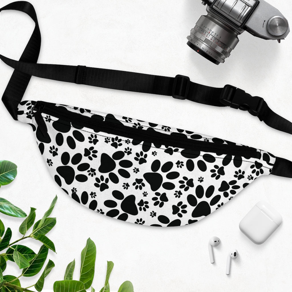 Stealthy Tracks: Black Animal Paw Prints Lifestyle Stylish Fanny Pack