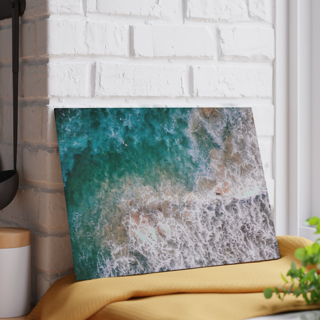 Ocean's Embrace: Deep Green Waters with White Waves Crashing onto the Beach - Glass Cutting Board  8" x 11" and 11" x 15"