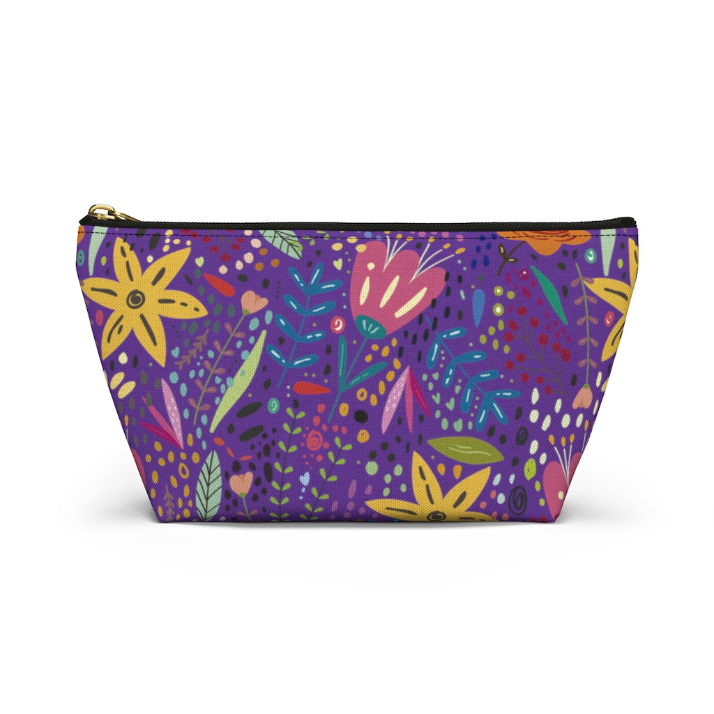 Springtime Splendor: Hand-Drawn Flowers Bursting with Vibrant Colors Design on Purple  - Makeup & Accessory Bag 2 Sizes