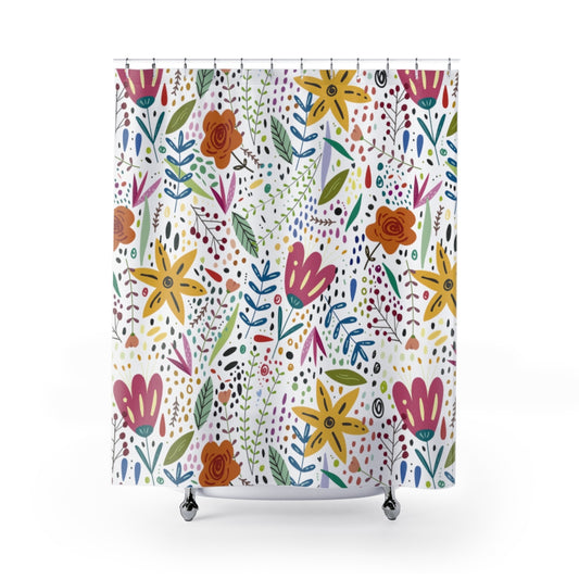 Springtime Splendor: Hand-Drawn Flowers Bursting with Vibrant Colors Design Bathroom Shower Curtain   71" × 74"