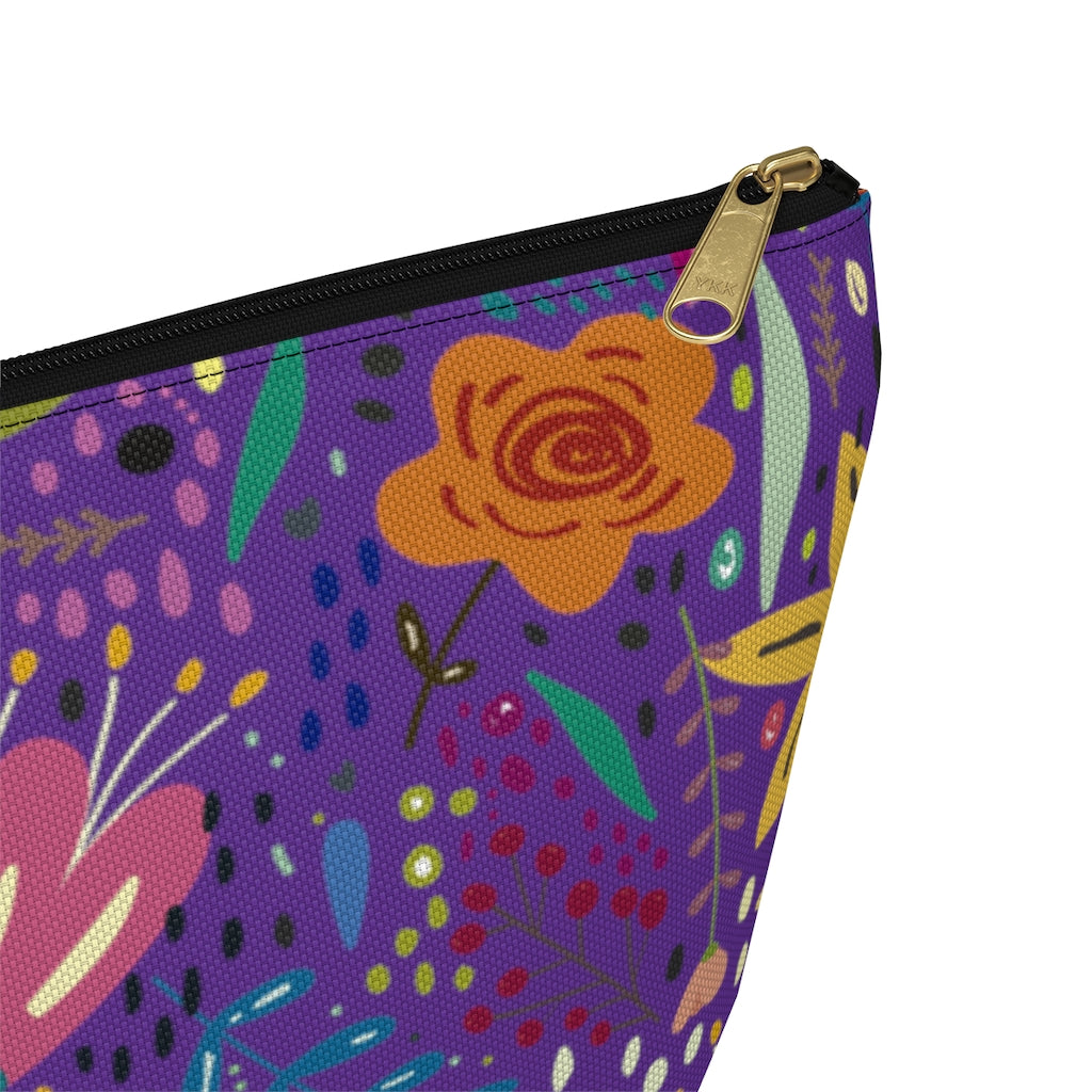 Springtime Splendor: Hand-Drawn Flowers Bursting with Vibrant Colors Design on Purple  - Makeup & Accessory Bag 2 Sizes