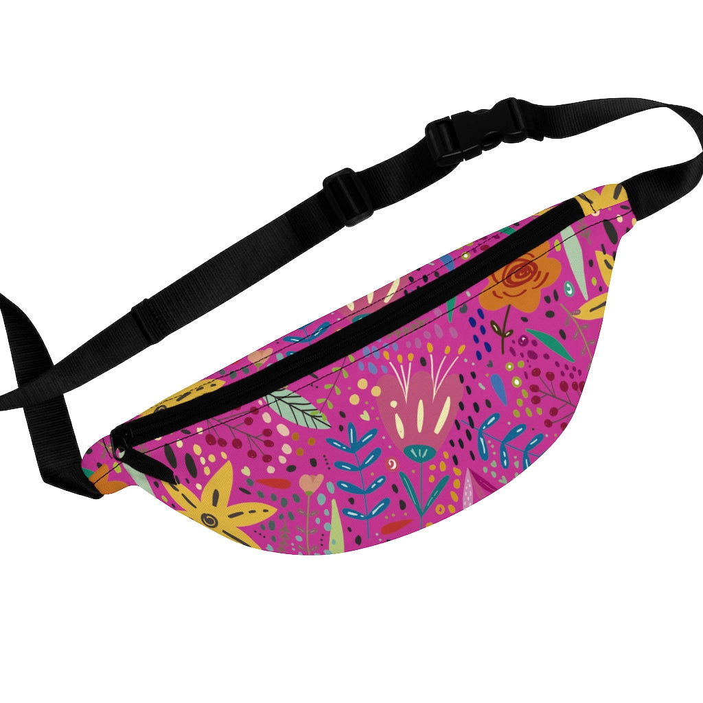 Springtime Splendor: Hand-Drawn Flowers Bursting with Vibrant Colors Design on Pink Lifestyle Stylish Fanny Pack