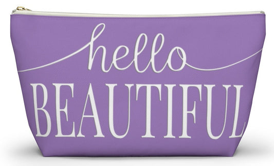 Hello Beautiful Inspirational Affirmations White & Purple - Makeup & Accessory Bag 2 Sizes