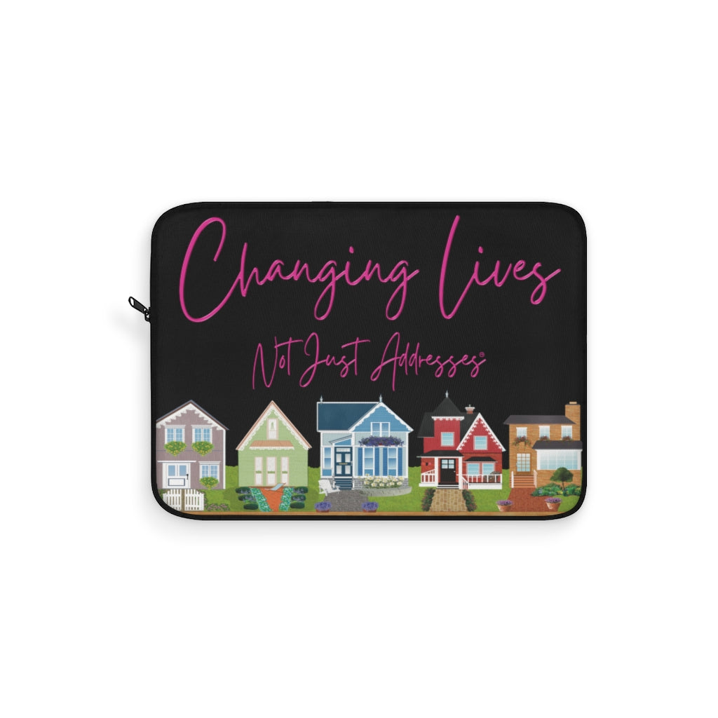 Changing Lives Not Just Addresses™ Pink on Black Laptop or Ipad Protective Sleeve Three Sizes Available