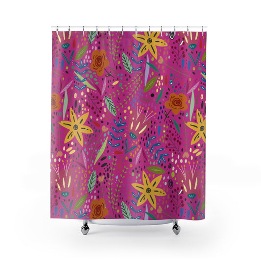 Springtime Splendor: Hand-Drawn Flowers Bursting with Vibrant Colors Design on Pink Bathroom Shower Curtain   71" × 74"