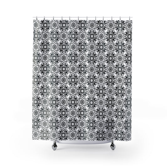 Black & White Floral Scroll Bathroom Shower Curtain   71" × 74"