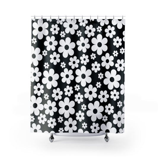 Ditzy Daisy Floral Black & White Bathroom Shower Curtain   71" × 74"