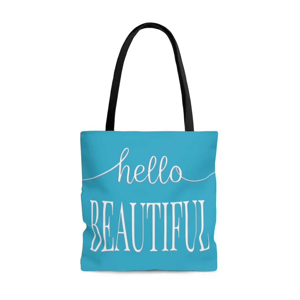 Hello Beautiful in White & Teal - Canvas Tote 3 Sizes