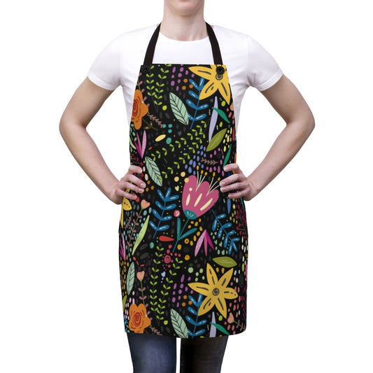 Springtime Splendor: Hand-Drawn Flowers Bursting with Vibrant Colors Design on Black - Kitchen Chef Apron