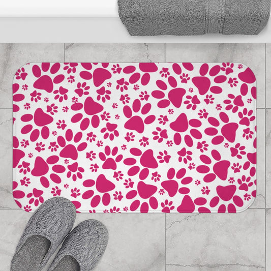 All Over Paw Prints Pink on White  - Bathroom Non-Slip Mat 2 Sizes