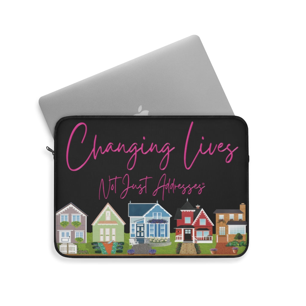 Changing Lives Not Just Addresses™ Pink on Black Laptop or Ipad Protective Sleeve Three Sizes Available