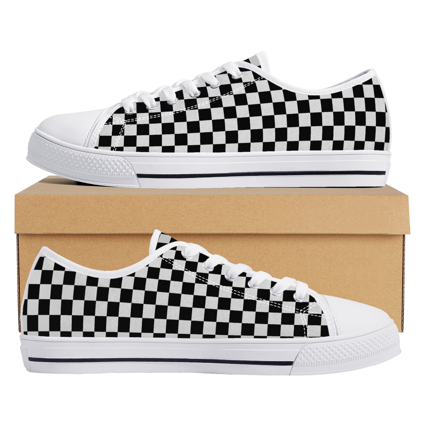 Speedway Style: Checkered Racing Pattern in Black and White Canvas Sneakers