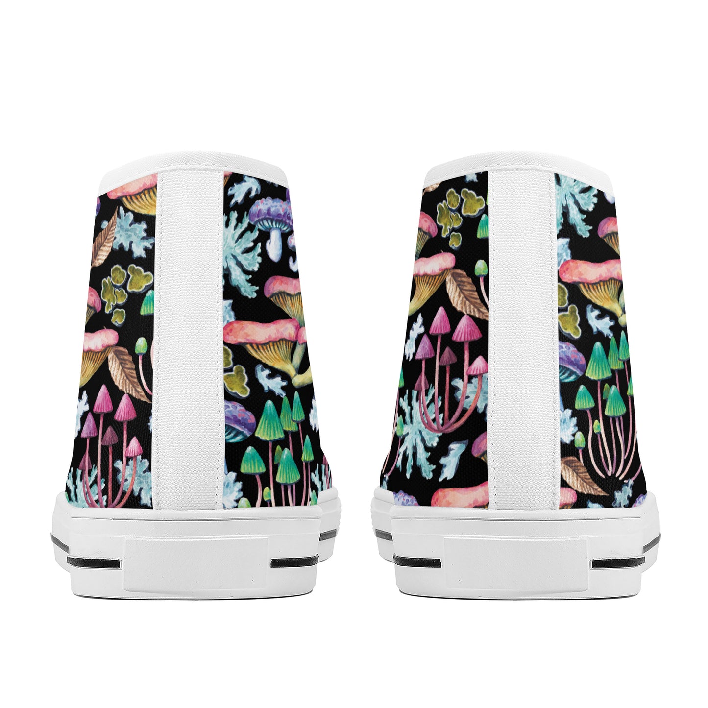 Psychedelic Mushroom Garden on Black Background Converse Style High Tops