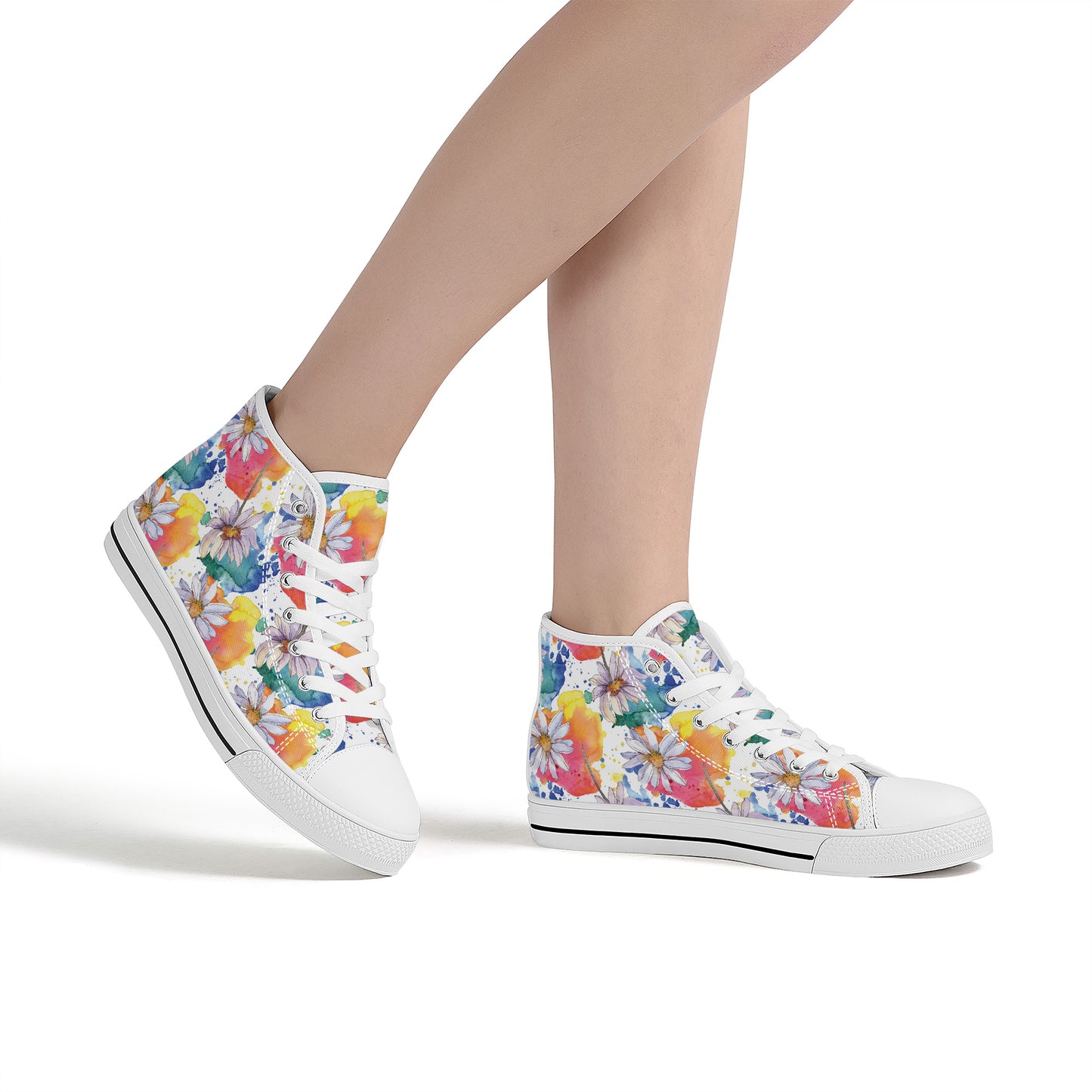 Lively Blooms of Vibrant Daisies Painted in Watercolor Converse Style High Tops