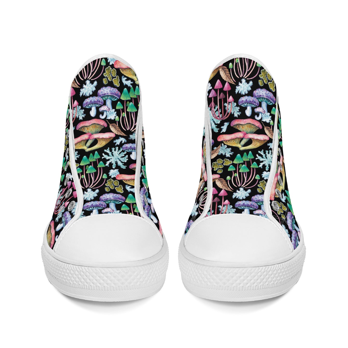 Psychedelic Mushroom Garden on Black Background Converse Style High Tops