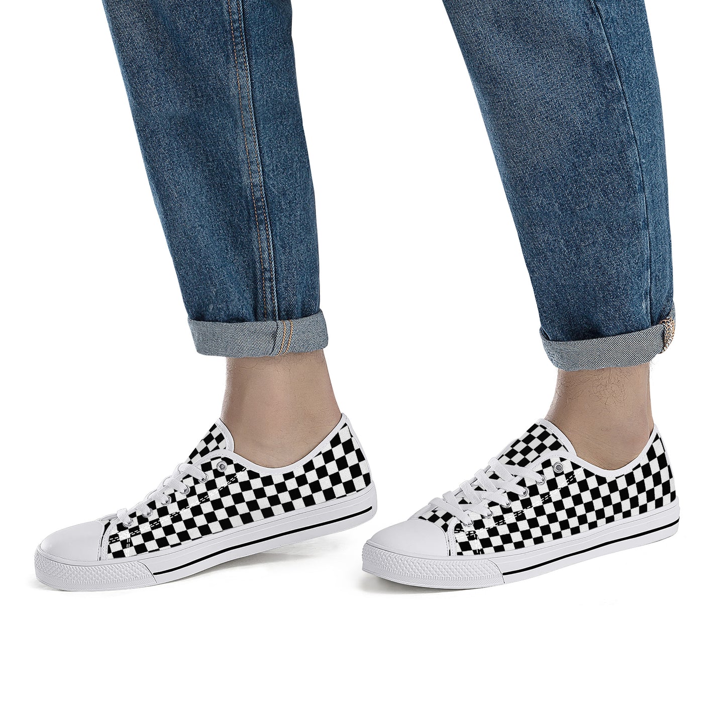 Speedway Style: Checkered Racing Pattern in Black and White Canvas Sneakers