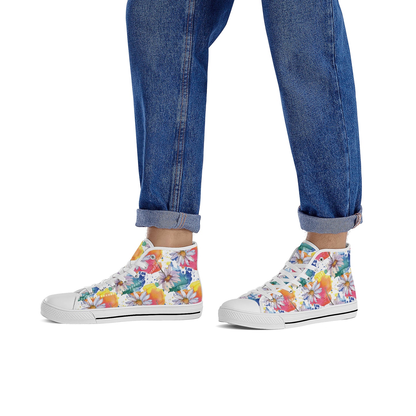 Lively Blooms of Vibrant Daisies Painted in Watercolor Converse Style High Tops