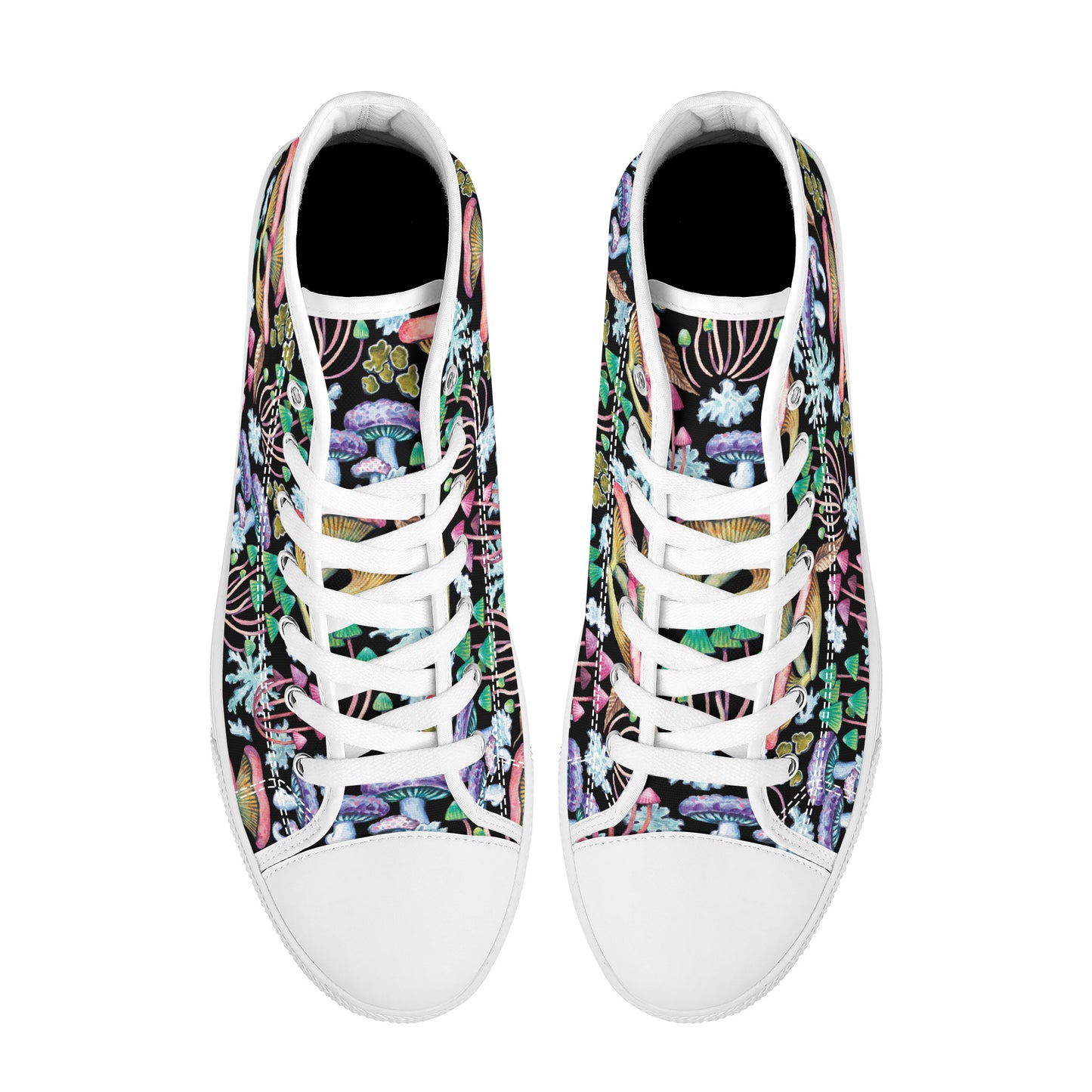 Psychedelic Mushroom Garden on Black Background Converse Style High Tops