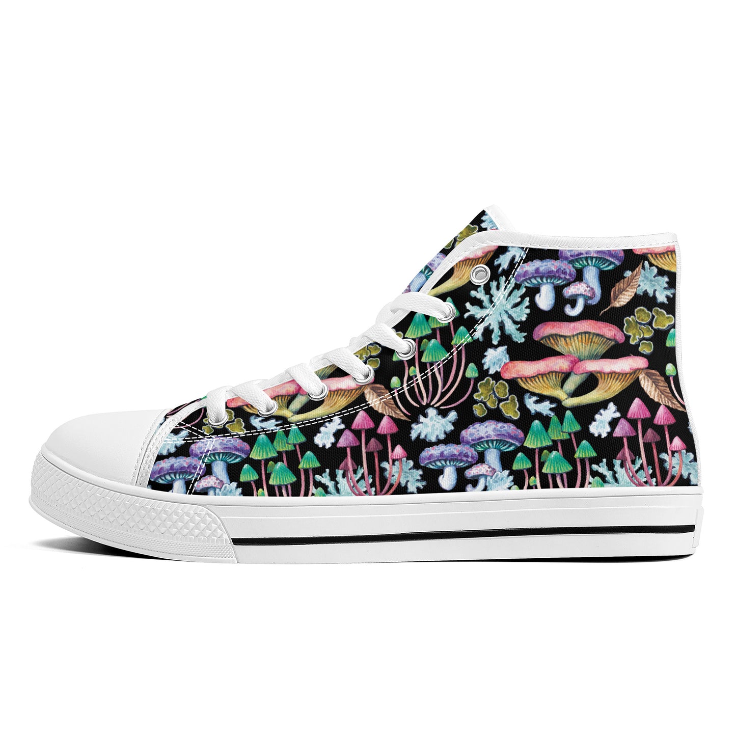 Psychedelic Mushroom Garden on Black Background Converse Style High Tops