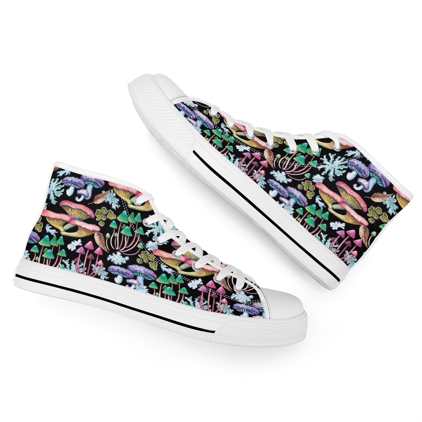 Psychedelic Mushroom Garden on Black Background Converse Style High Tops