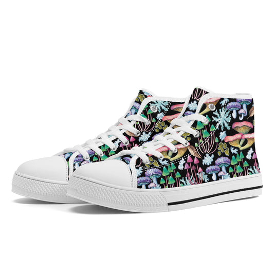 Psychedelic Mushroom Garden on Black Background Converse Style High Tops